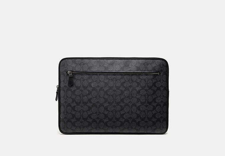 COACH®,LAPTOP CASE IN SIGNATURE CANVAS,Leather,Small,Charcoal,Front View