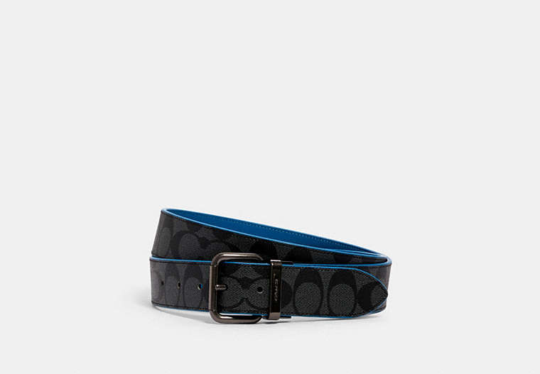 COACH®,ROLLER BUCKLE CUT-TO-SIZE REVERSIBLE BELT, 38MM,pvc,Gunmetal/Charcoal Blue Jay,Front View