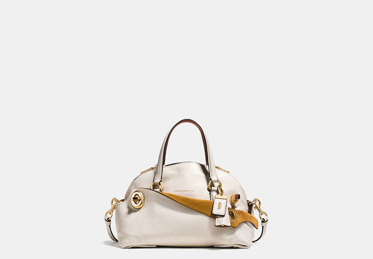 COACH®,OUTLAW SATCHEL 36 IN POLISHED GRAIN LEATHER,Leather,Large,Brass/Chalk,Front View