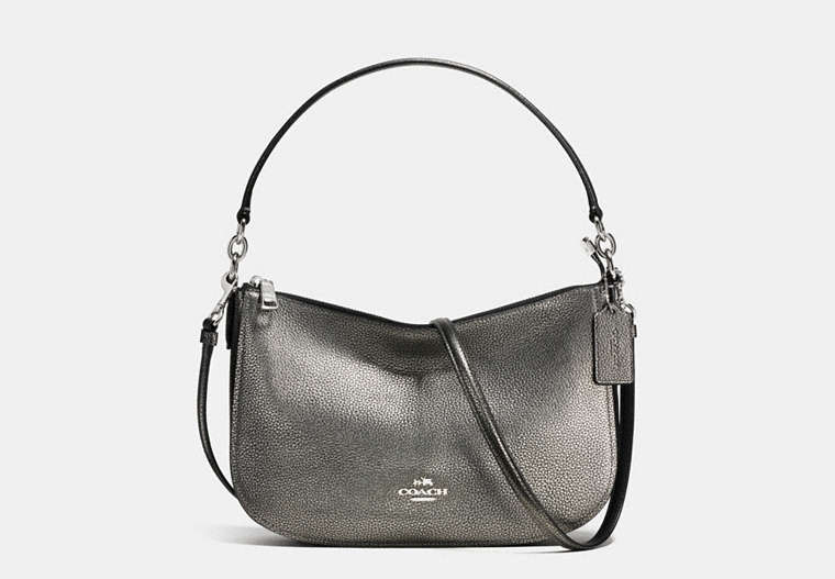 COACH®,CHELSEA CROSSBODY IN POLISHED PEBBLE LEATHER,Leather,Medium,Silver/Gunmetal,Front View