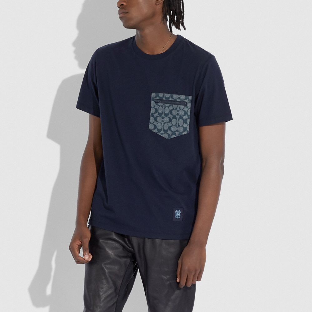 COACH®,SIGNATURE ESSENTIAL T-SHIRT,cotton,NAVY/CHAMBRAY,Scale View