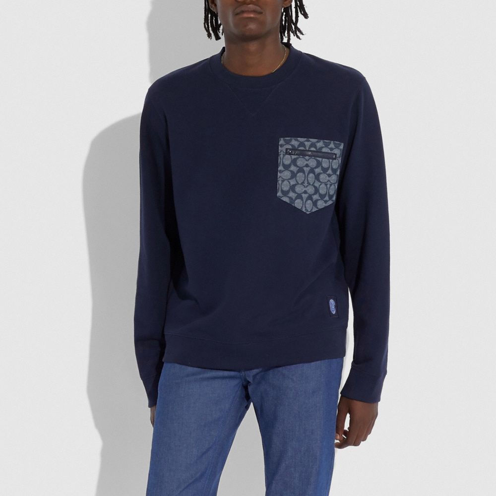 COACH®,SIGNATURE ESSENTIAL SWEATSHIRT,cotton,NAVY/CHAMBRAY,Scale View