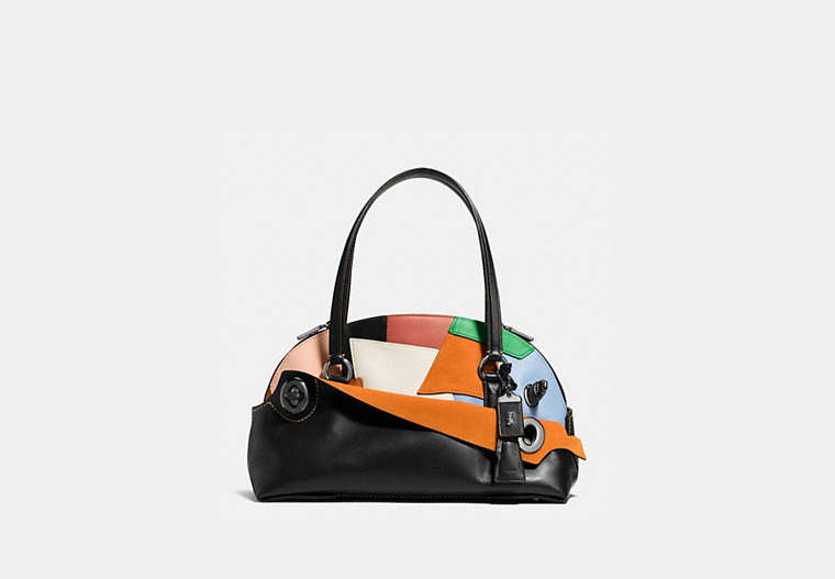 COACH®,OUTLAW SATCHEL IN PATCHWORK LEATHER,Leather,Large,Brass/Black Multi,Front View