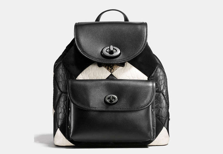 COACH®,CANYON QUILT MINI TURNLOCK RUCKSACK IN EXOTIC EMBOSSED LEATHER,Leather,Medium,Black/Chalk/Dark Gunmetal,Front View