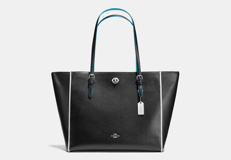 COACH®,TURNLOCK TOTE,Leather,Large,Silver/Black Tricolor,Front View