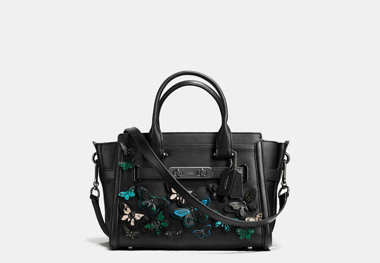 COACH®,BUTTERFLY APPLIQUE COACH SWAGGER 27 IN GLOVETANNED LEATHER,Leather,Large,Gunmetal/Black Multi,Front View