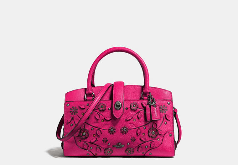 COACH®,WILLOW FLORAL MERCER SATCHEL 24 IN GRAIN LEATHER,Leather,Medium,Gunmetal/Cerise,Front View