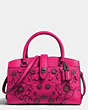 COACH®,WILLOW FLORAL MERCER SATCHEL 24 IN GRAIN LEATHER,Leather,Medium,Gunmetal/Cerise,Front View