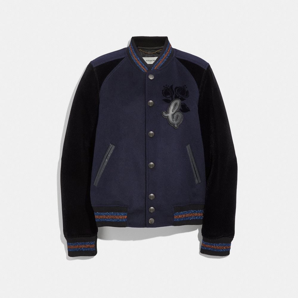 COACH®,VARSITY JACKET,mixedmaterial,NAVY,Front View