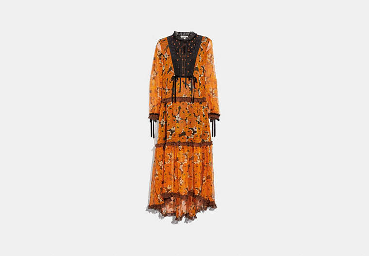 COACH®,ROSE PRINT TIERED DRESS,Mixed Material,ORANGE,Front View