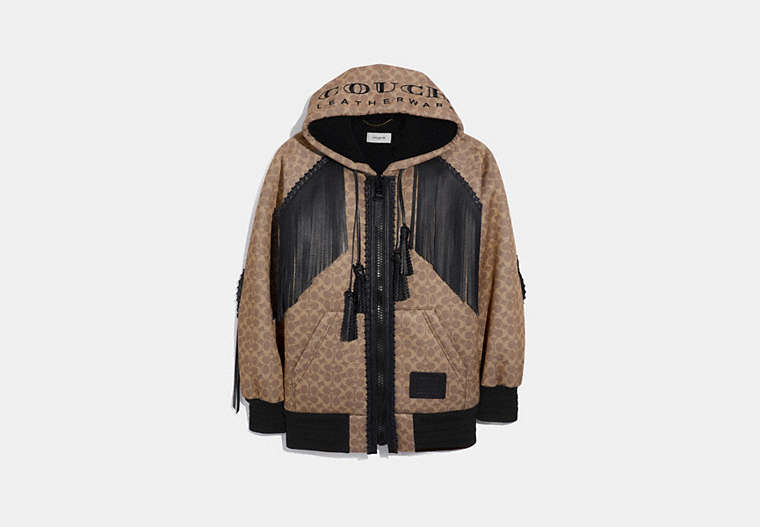 COACH®,SIGNATURE "COUCH" HOODIE,Neoprene,BROWN MULTICOLOR,Front View