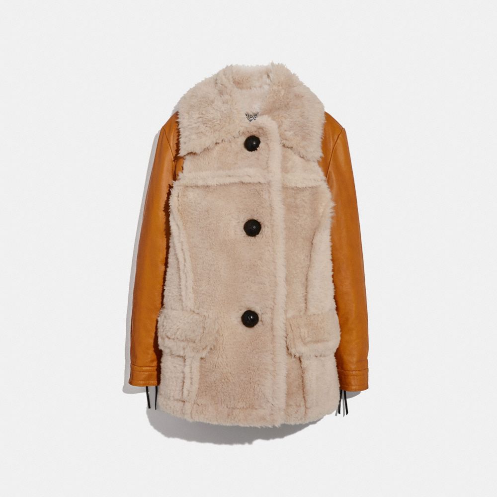 COACH®,SHEARLING LEATHER COAT,Shearling,Dirty Chai,Front View