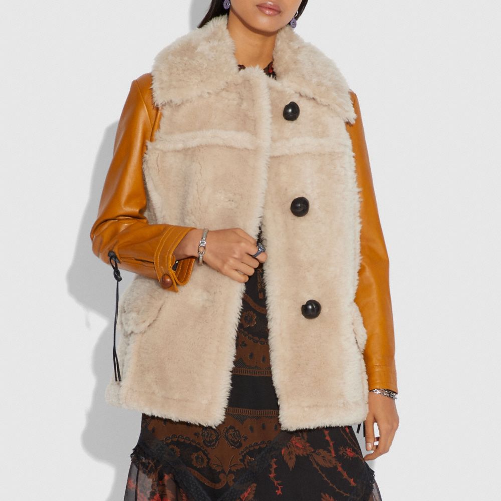 COACH®,SHEARLING LEATHER COAT,Shearling,Dirty Chai,Scale View