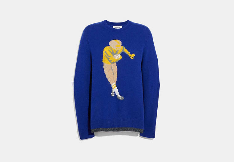 COACH®,FOOTBALL INTARSIA SWEATER,Cashmere Blend,BLUE,Front View
