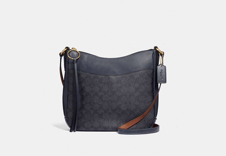 COACH®,CHAISE CROSSBODY BAG IN SIGNATURE CANVAS,pvc,Medium,Charcoal/Midnight Navy/Gold,Front View