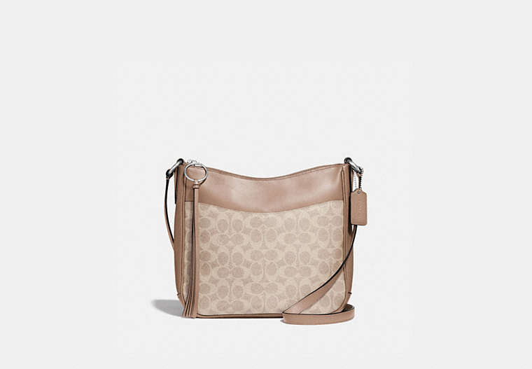COACH®,CHAISE CROSSBODY BAG IN SIGNATURE CANVAS,pvc,Medium,Light Antique Nickel/Sand Taupe,Front View image number 0