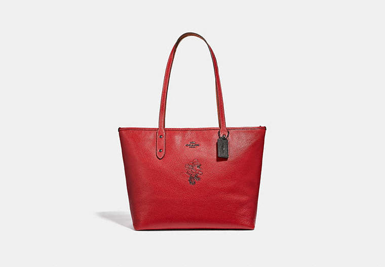 COACH®,MINNIE MOUSE CITY ZIP TOTE WITH MOTIF,Leather,Large,1941 Red/Dark Gunmetal,Front View