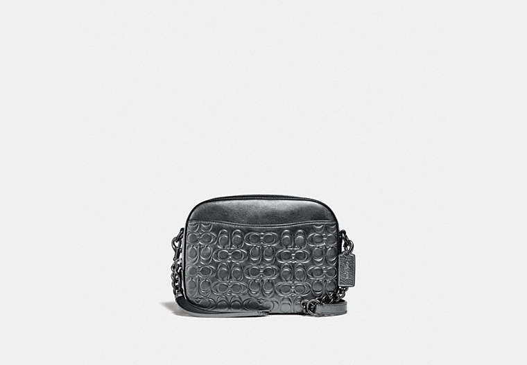 COACH®,CAMERA BAG IN SIGNATURE LEATHER,Leather,Small,Gunmetal/Metallic Graphite,Front View