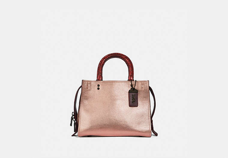 COACH®,ROGUE BAG 25 IN COLORBLOCK WITH SNAKESKIN DETAIL,Leather,Medium,Pewter/Metallic Rose Gold,Front View
