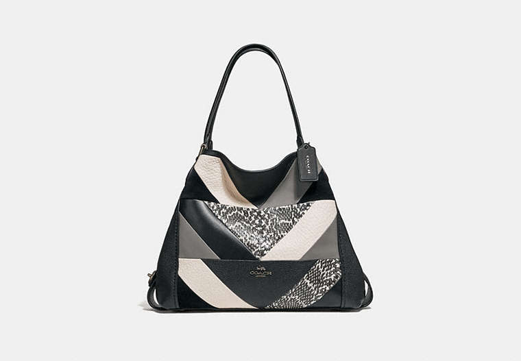 COACH®,EDIE SHOULDER BAG 31 WITH PATCHWORK AND SNAKESKIN DETAIL,Leather,Large,Pewter/Black Multi,Front View image number 0
