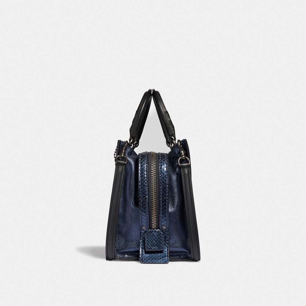 COACH®,ROGUE BAG 25 WITH SNAKESKIN DETAIL,Leather,Medium,Pewter/Metallic Blue,Angle View