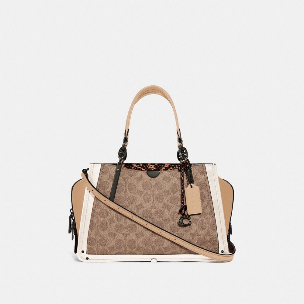 COACH®,DREAMER IN SIGNATURE CANVAS WITH SNAKESKIN DETAIL,Coated Canvas,Pewter/Tan Beechwood Multi,Front View