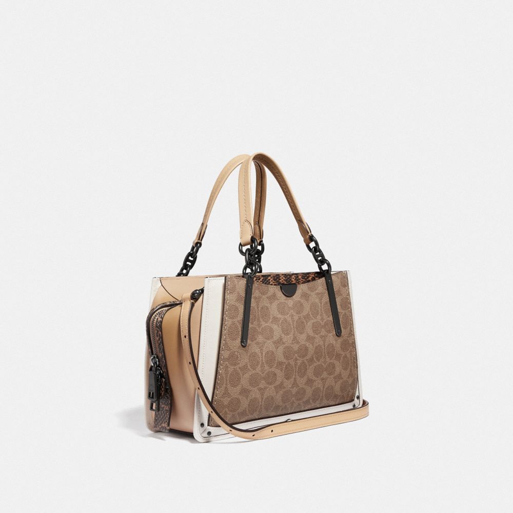 COACH®,DREAMER IN SIGNATURE CANVAS WITH SNAKESKIN DETAIL,Coated Canvas,Pewter/Tan Beechwood Multi,Angle View