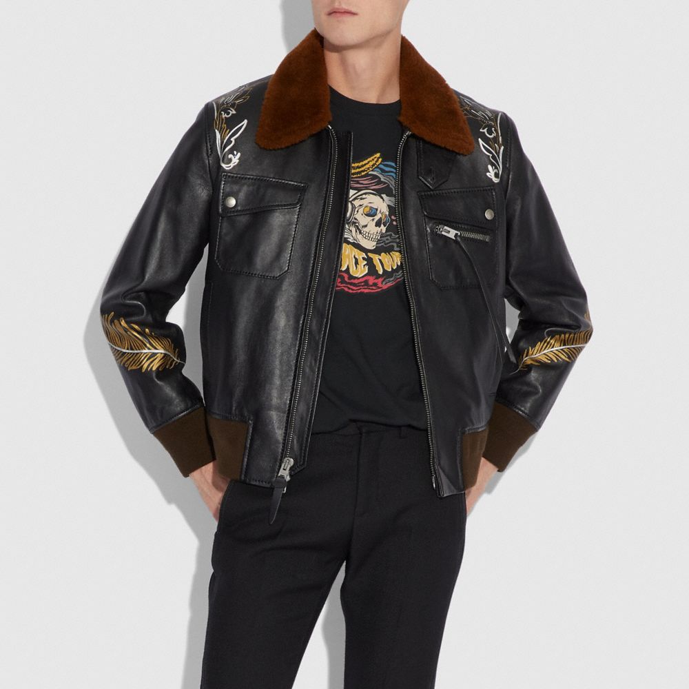 Tattoo Bomber With Shearling Collar