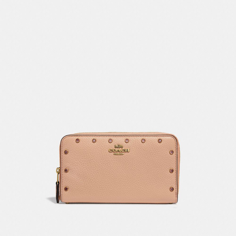 COACH®,MEDIUM ZIP AROUND WALLET WITH CRYSTAL RIVETS,Leather,Brass/Nude Pink,Front View