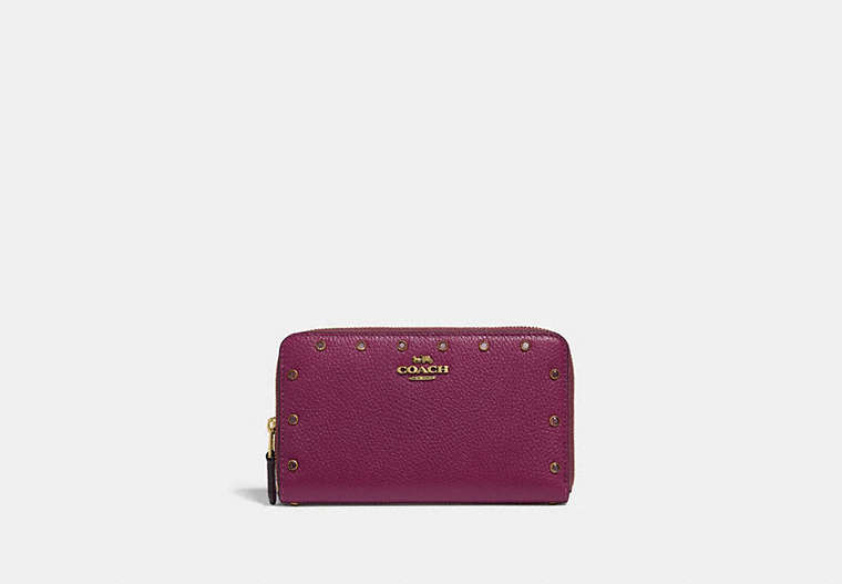 COACH®,MEDIUM ZIP AROUND WALLET WITH CRYSTAL RIVETS,Leather,Brass/Dark Berry,Front View