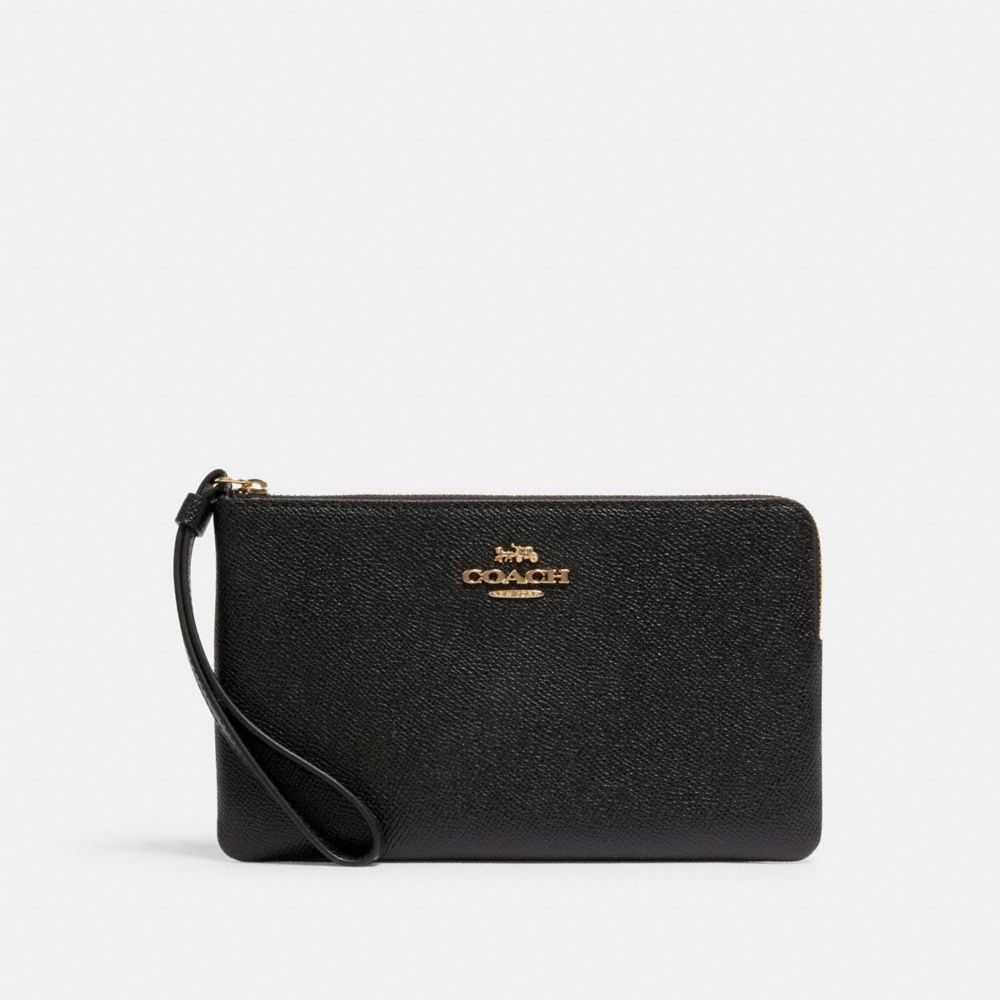 COACH®,LARGE CORNER ZIP WRISTLET,Crossgrain Leather,Medium,Gold/Black,Front View