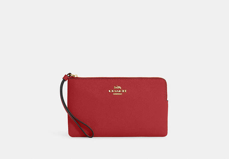 COACH®,LARGE CORNER ZIP WRISTLET,Leather,Medium,Gold/Red Apple,Front View