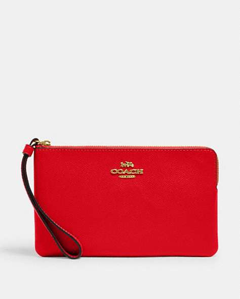 COACH®,LARGE CORNER ZIP WRISTLET,Leather,Medium,Gold/Electric Red,Front View
