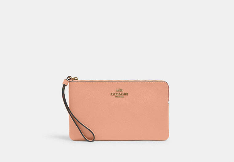 COACH®,LARGE CORNER ZIP WRISTLET,Leather,Medium,Gold/Faded Blush,Front View