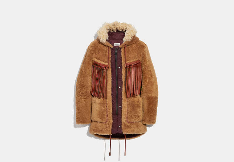COACH®,WESTERN PARKA WITH FRINGE,Mixed Material,Caramel Burgundy,Front View