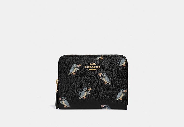 COACH®,SMALL ZIP AROUND WALLET WITH PARTY OWL PRINT,pvc,Gold/Black,Front View