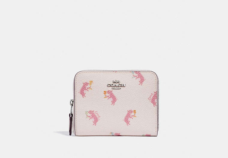 COACH®,SMALL ZIP AROUND WALLET WITH PARTY PIG PRINT,pvc,Silver/Chalk,Front View