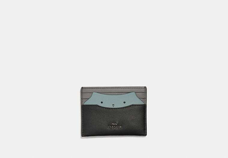 COACH®,CARD CASE WITH OWL,Leather,Gunmetal/Black,Front View