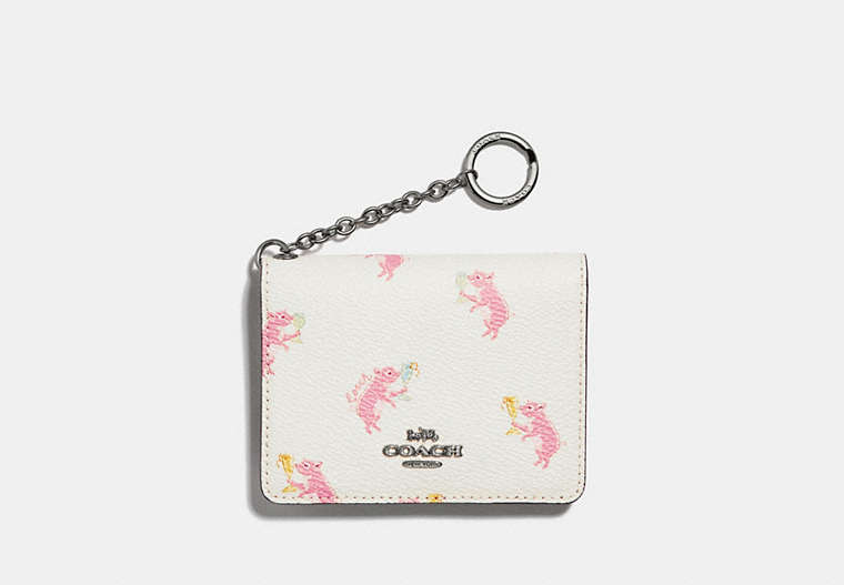 COACH®,KEY RING CARD CASE WITH PARTY PIG PRINT,Coated Canvas,Silver/Chalk,Front View