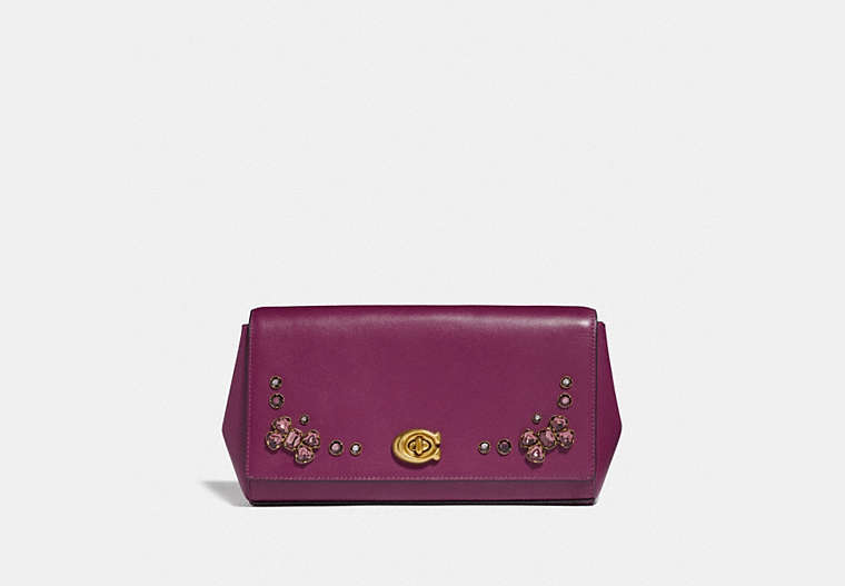 COACH®,ALEXA TURNLOCK CLUTCH WITH CRYSTAL APPLIQUE,Leather,Brass/Dark Berry,Front View