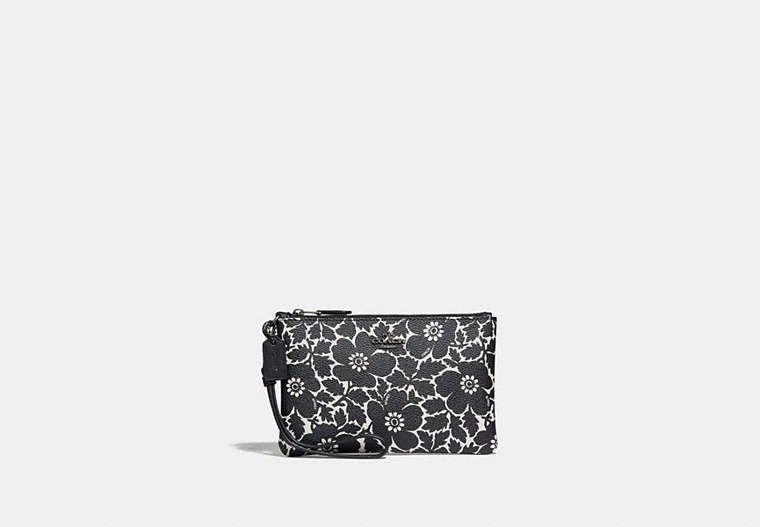 COACH®,SMALL WRISTLET WITH ANEMONE PRINT,Coated Canvas,Gunmetal/Black Multi,Front View