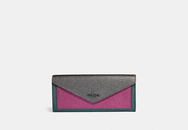 COACH®,SOFT WALLET IN COLORBLOCK,Leather,Gunmetal/Metallic Graphite Multi,Front View