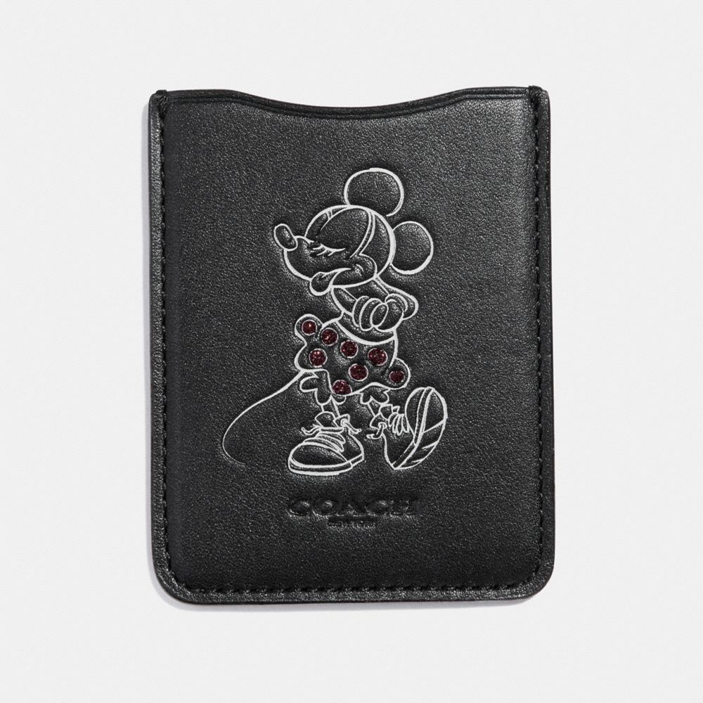 COACH®,MINNIE MOUSE POSE PHONE POCKET STICKER,Leather,Black,Front View