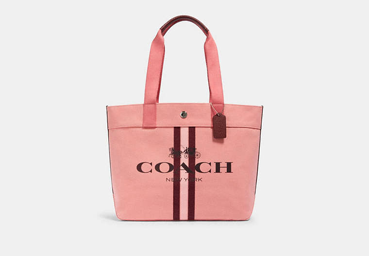 COACH®,TOTE WITH STRIPE,canvas,Silver/Bright Coral,Front View