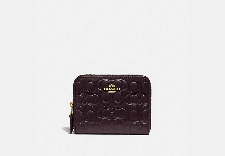 COACH®,SMALL ZIP AROUND WALLET IN SIGNATURE LEATHER,Leather,Gold/Oxblood,Front View
