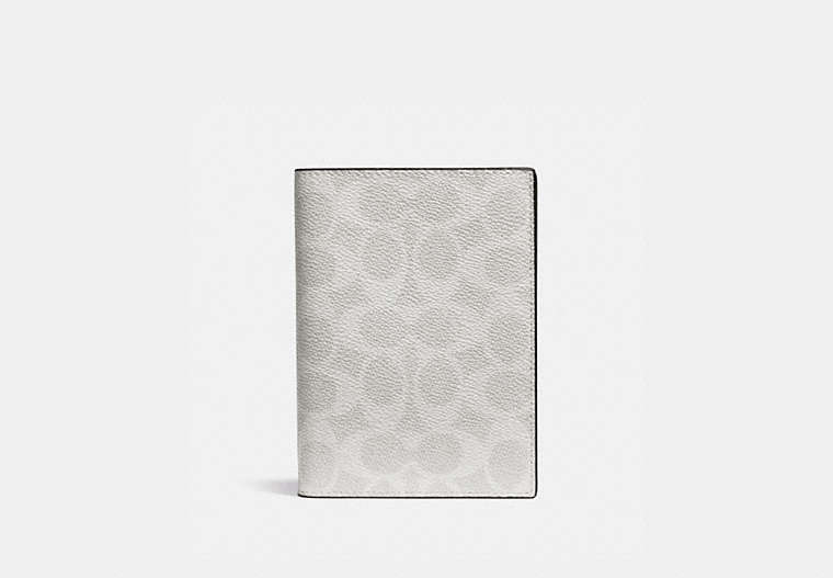 COACH®,PASSPORT CASE IN BLOCKED SIGNATURE CANVAS,Signature Coated Canvas/Smooth Leather,Bone/Chalk,Front View