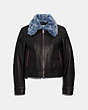 COACH®,SELENA LEATHER JACKET WITH FAUX FUR,Leather,Black,Front View
