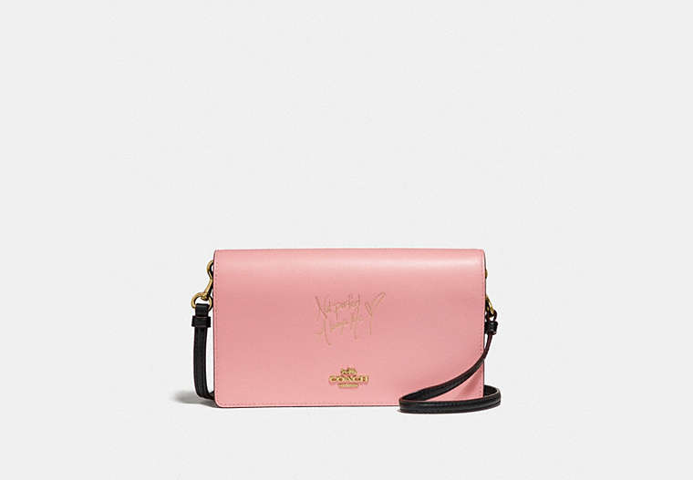 COACH®,SELENA HAYDEN FOLDOVER CROSSBODY CLUTCH IN COLORBLOCK,Leather,Mini,Gold/PEONY,Front View