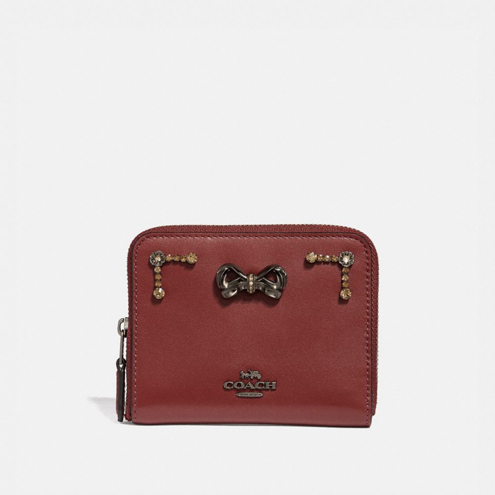 COACH®,SELENA SMALL ZIP AROUND WALLET WITH CRYSTAL EMBELLISHMENT,Leather,Gunmetal/Wine,Front View