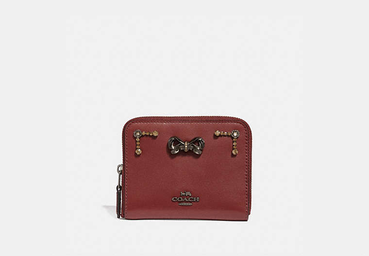 COACH®,SELENA SMALL ZIP AROUND WALLET WITH CRYSTAL EMBELLISHMENT,Leather,Gunmetal/Wine,Front View